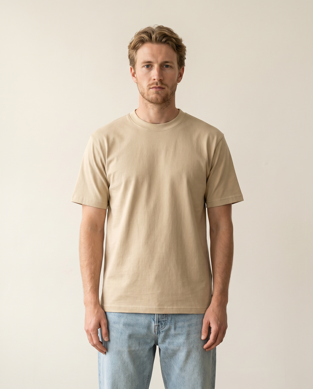 Sand beige regular-fit cotton tee — The Dirty Laundry Pakistan