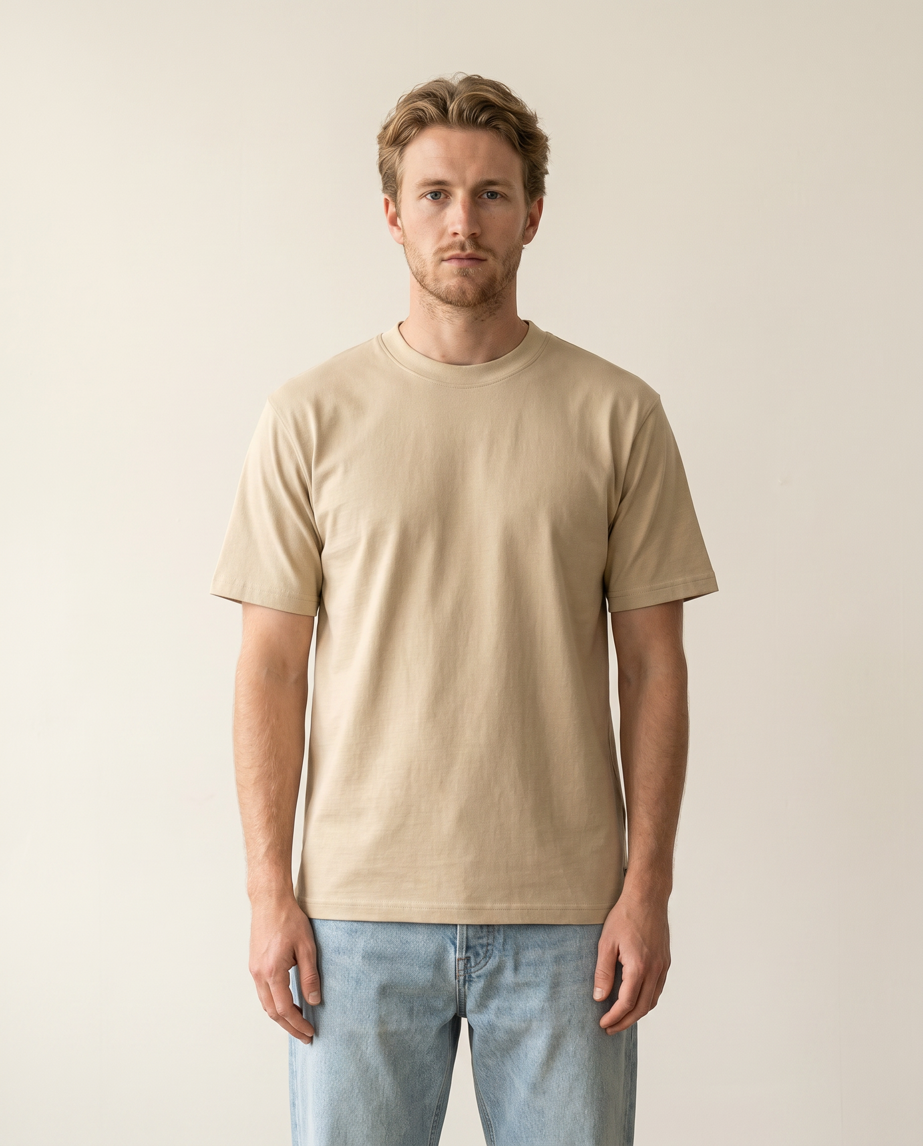 Sand beige regular-fit cotton tee — The Dirty Laundry Pakistan