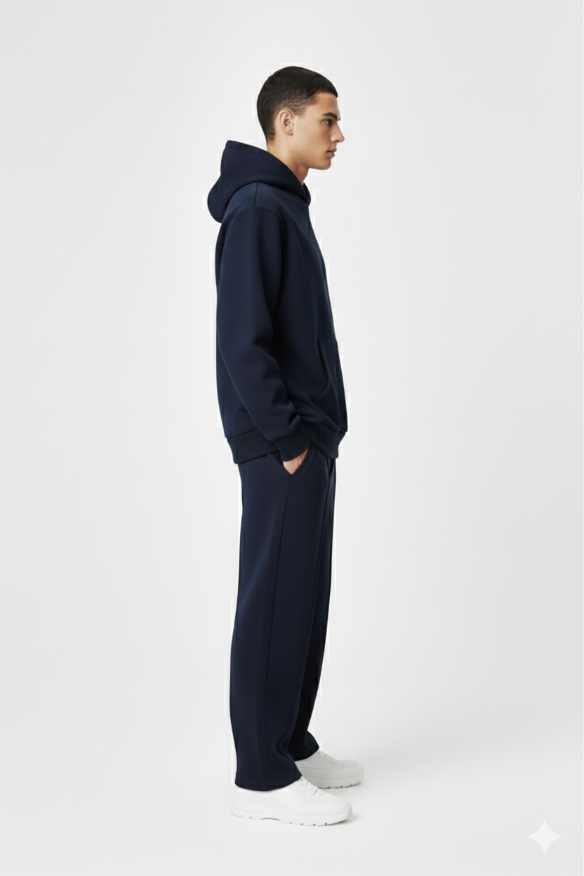 Person wearing a navy tracksuit on a white background