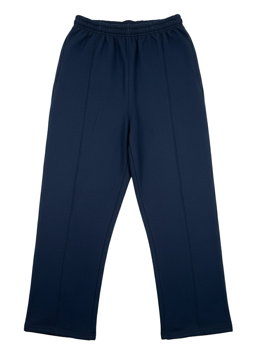 Navy blue pants with drawstring on a white background