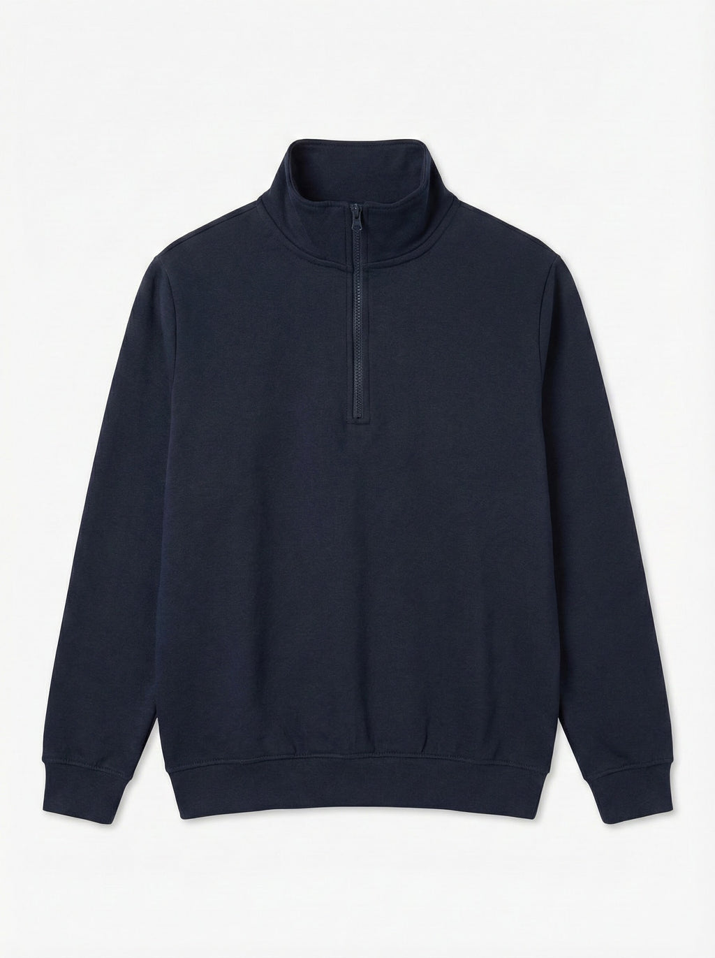 Navy blue sweatshirt with a quarter zip on a light gray background