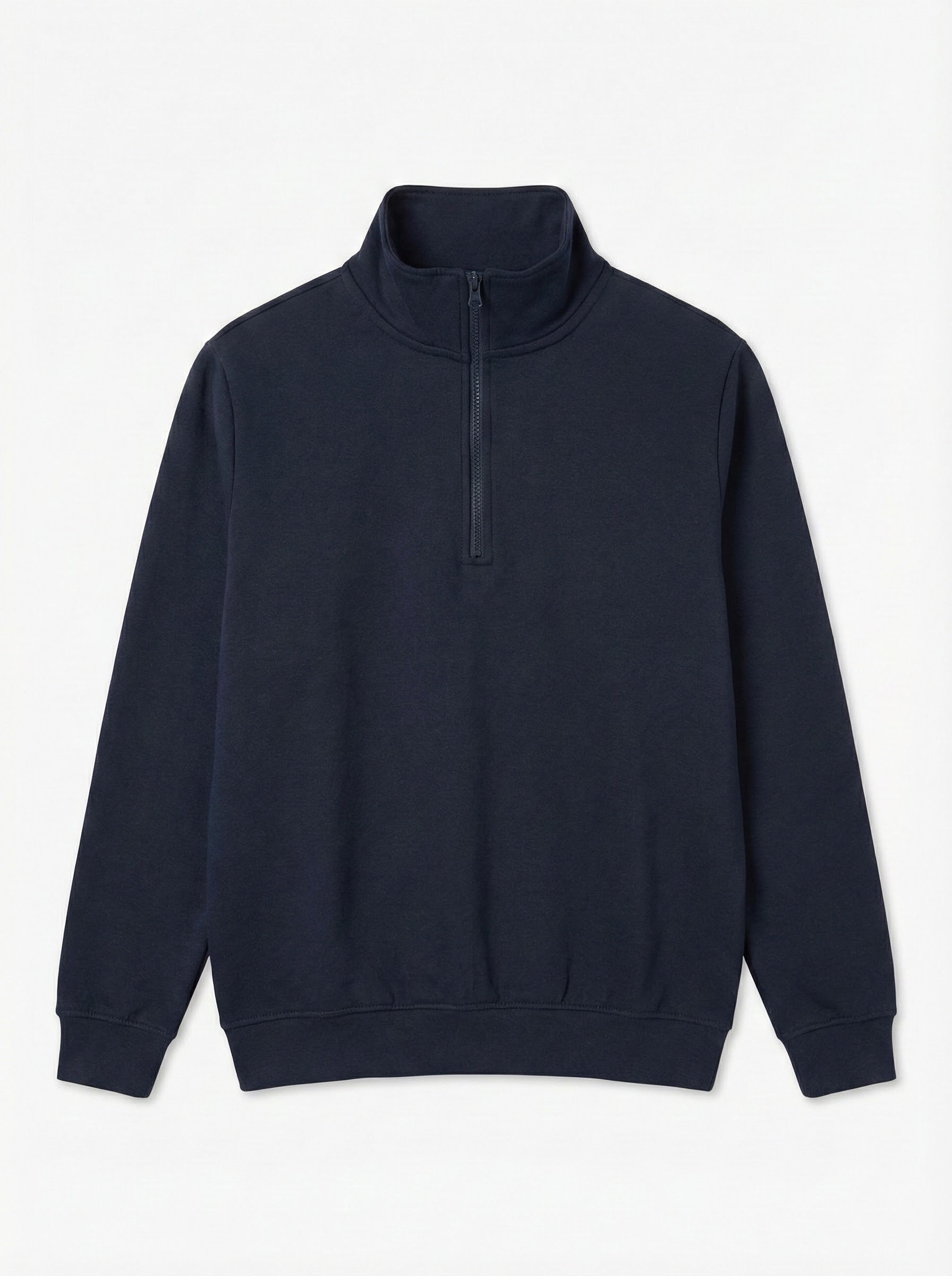 Navy blue sweatshirt with a quarter zip on a light gray background