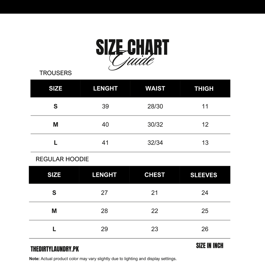 Size chart guide for trousers and regular hoodie with measurements in inches.