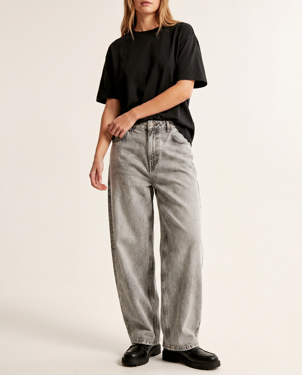 Stone grey baggy denim jeans — The Dirty Laundry Pakistan — on model