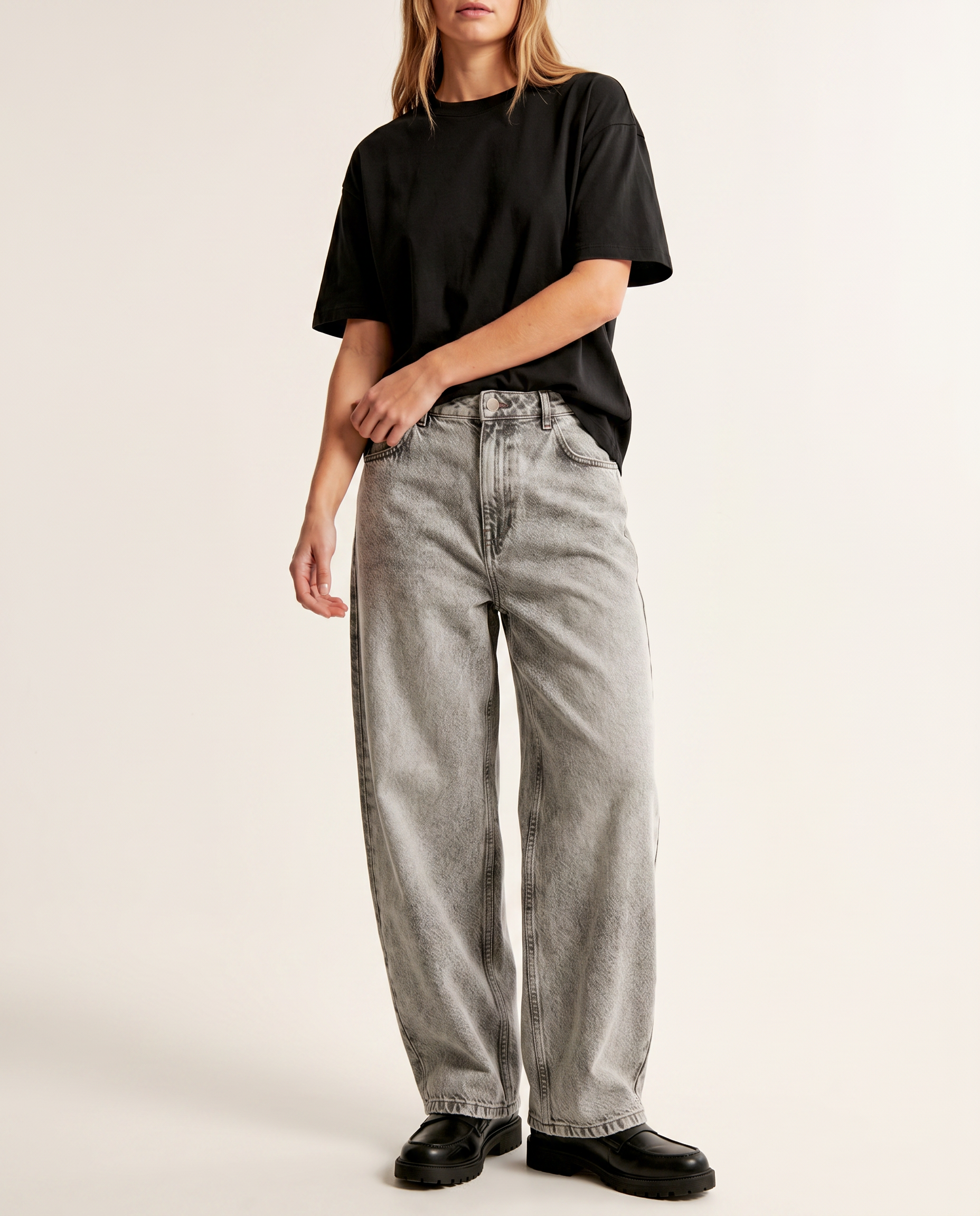 Stone grey baggy denim jeans — The Dirty Laundry Pakistan — on model