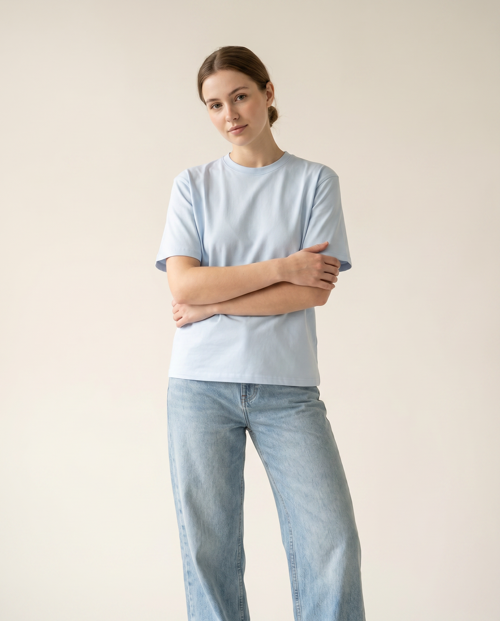 Dusk sky blue regular-fit cotton tee — The Dirty Laundry Pakistan — on model