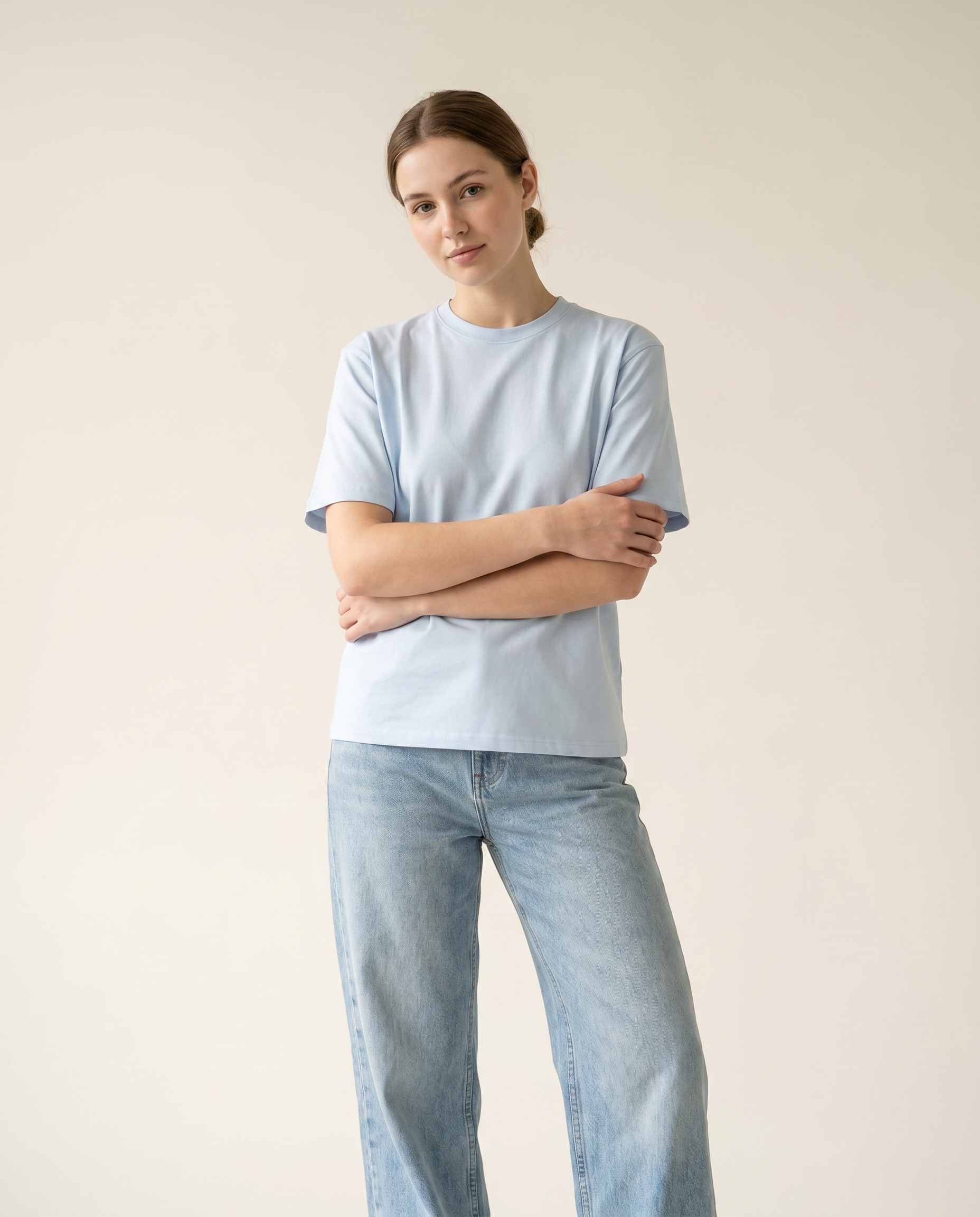Dusk sky blue regular-fit cotton tee — The Dirty Laundry Pakistan — on model